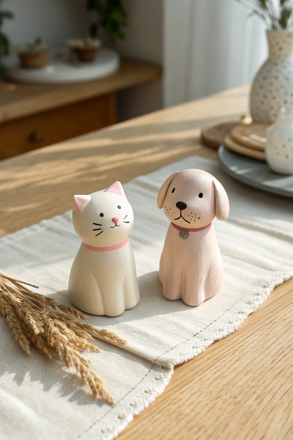 Simple polymer clay cat and dog figurines in Scandinavian minimal boho style on a cozy table