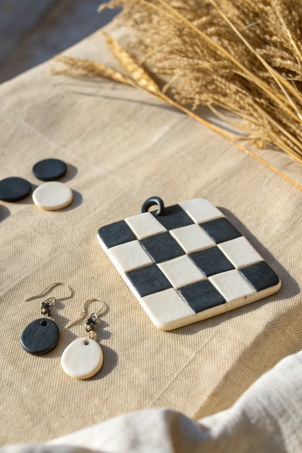 Classic high-contrast checkerboard slab with matching earrings, minimalist Scandinavian boho style
