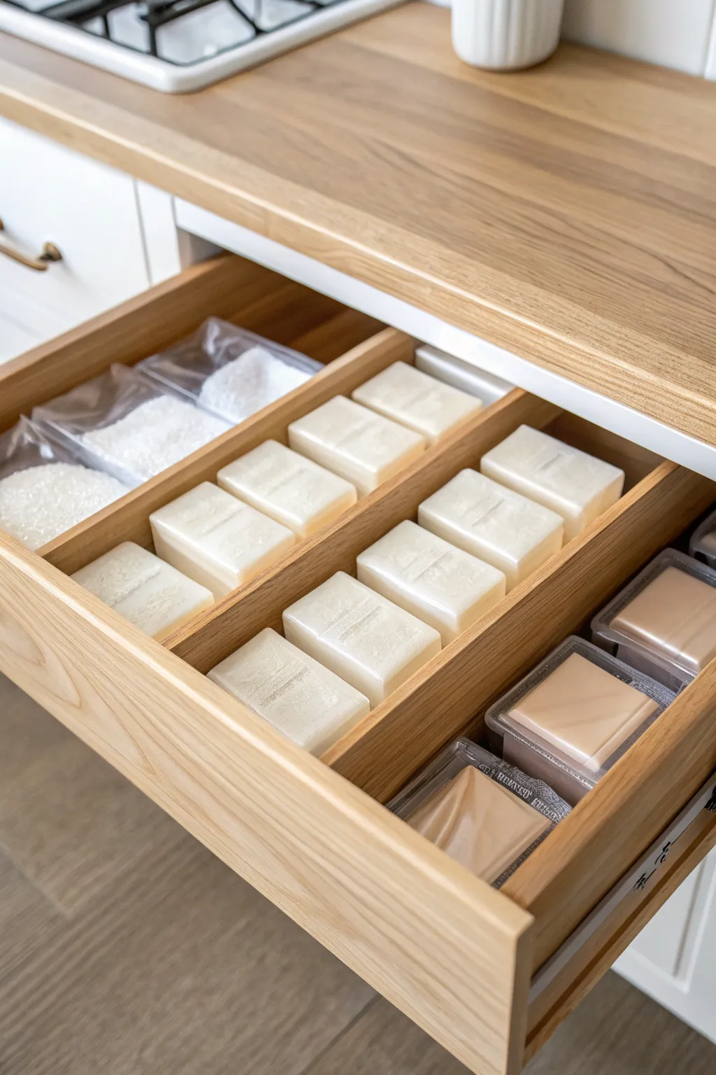 A calm dedicated drawer: neatly sorted polymer clay blocks with simple dividers, ready to create