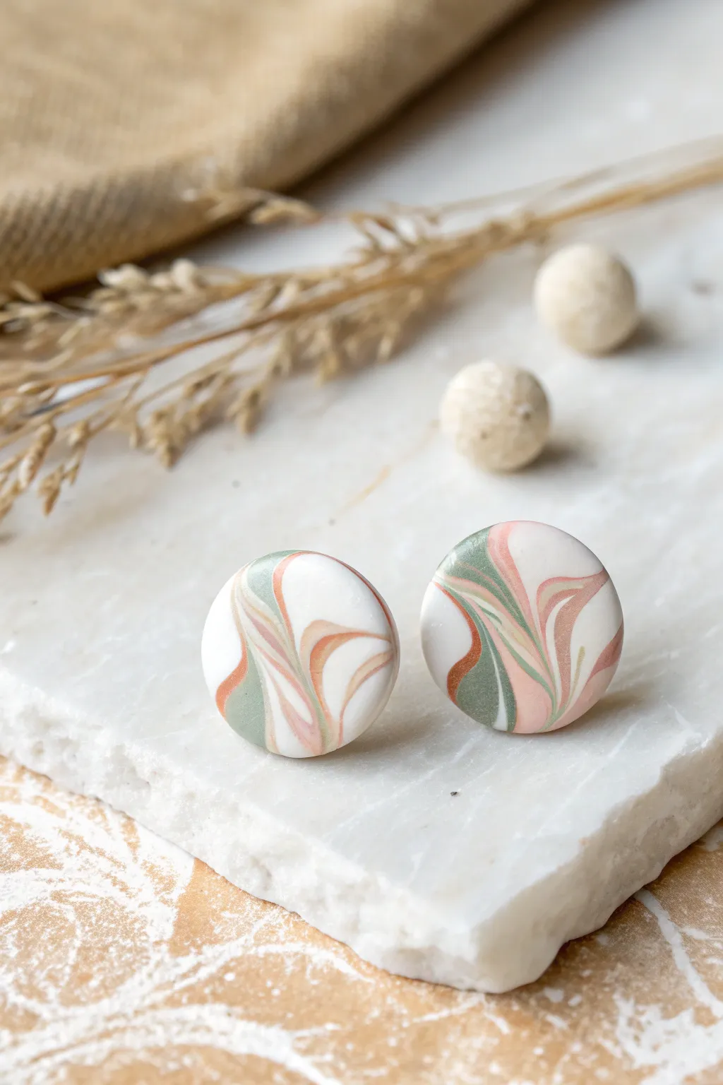 Soft marbled swirl polymer clay stud earrings in muted tones, minimal, feminine, and handmade.