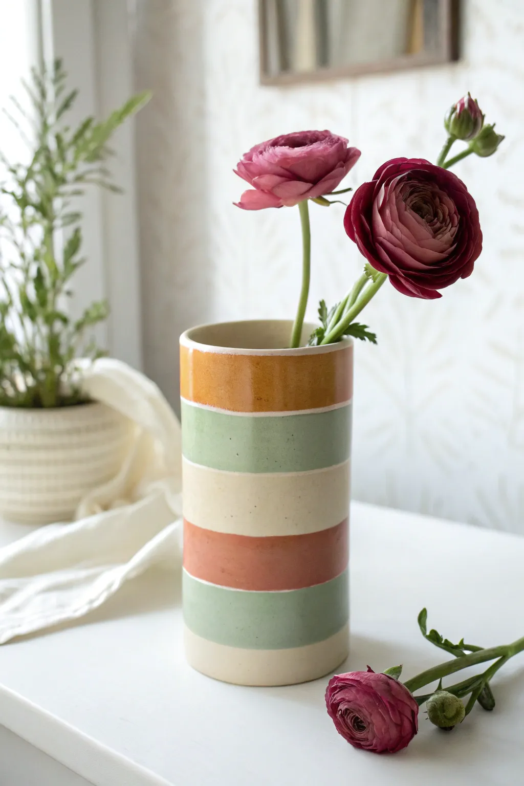 Modern color-block polymer clay vase in terracotta, cream, and sage, styled with one bold bloom.