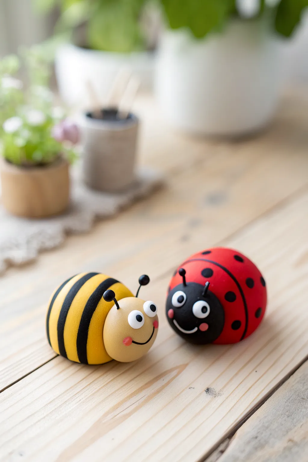 Mini bee and ladybug pals in easy polymer clay, sweet and simple on a light wood board