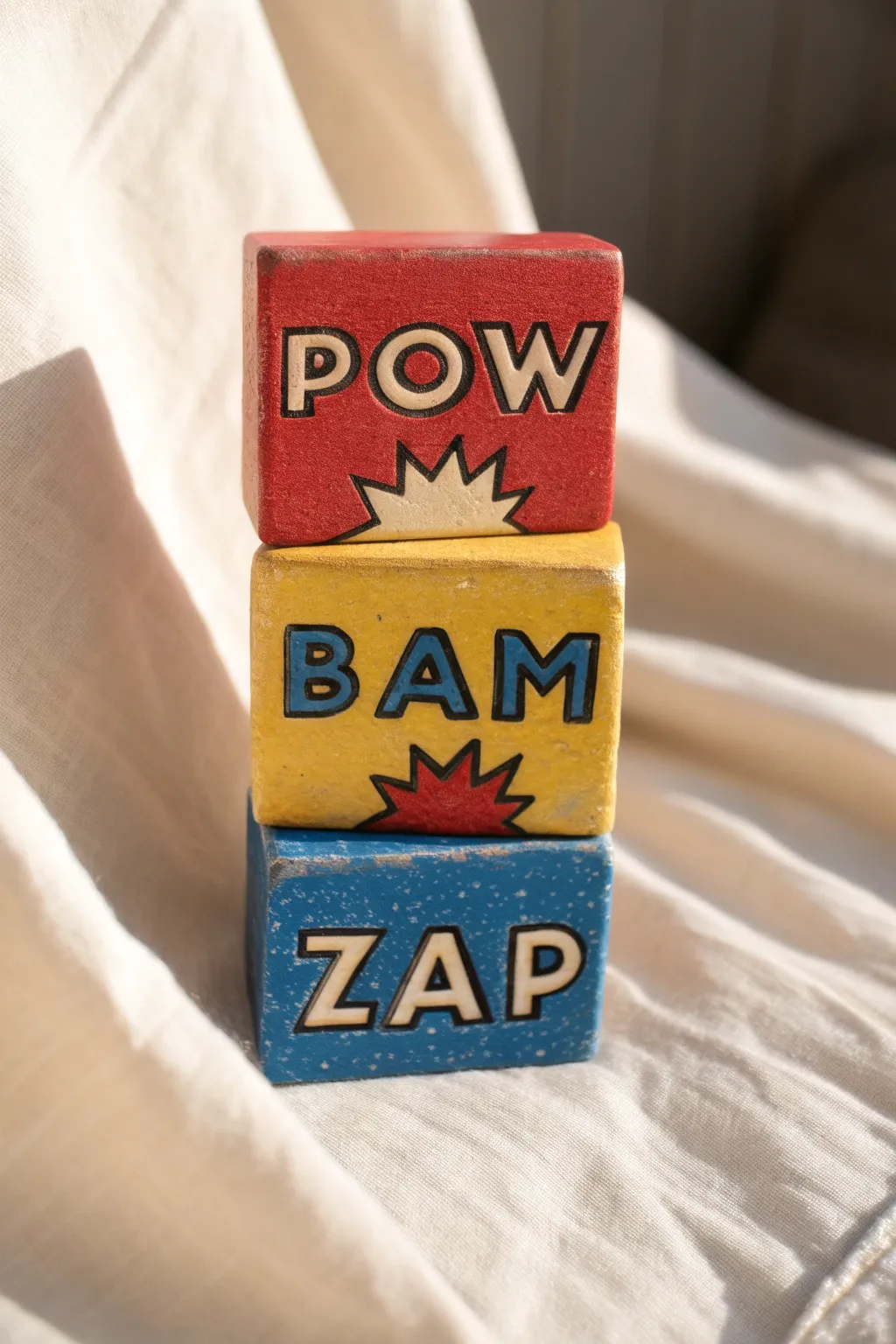 Chunky pop art clay tiles in primary colors, bold black lines, minimalist boho styling.