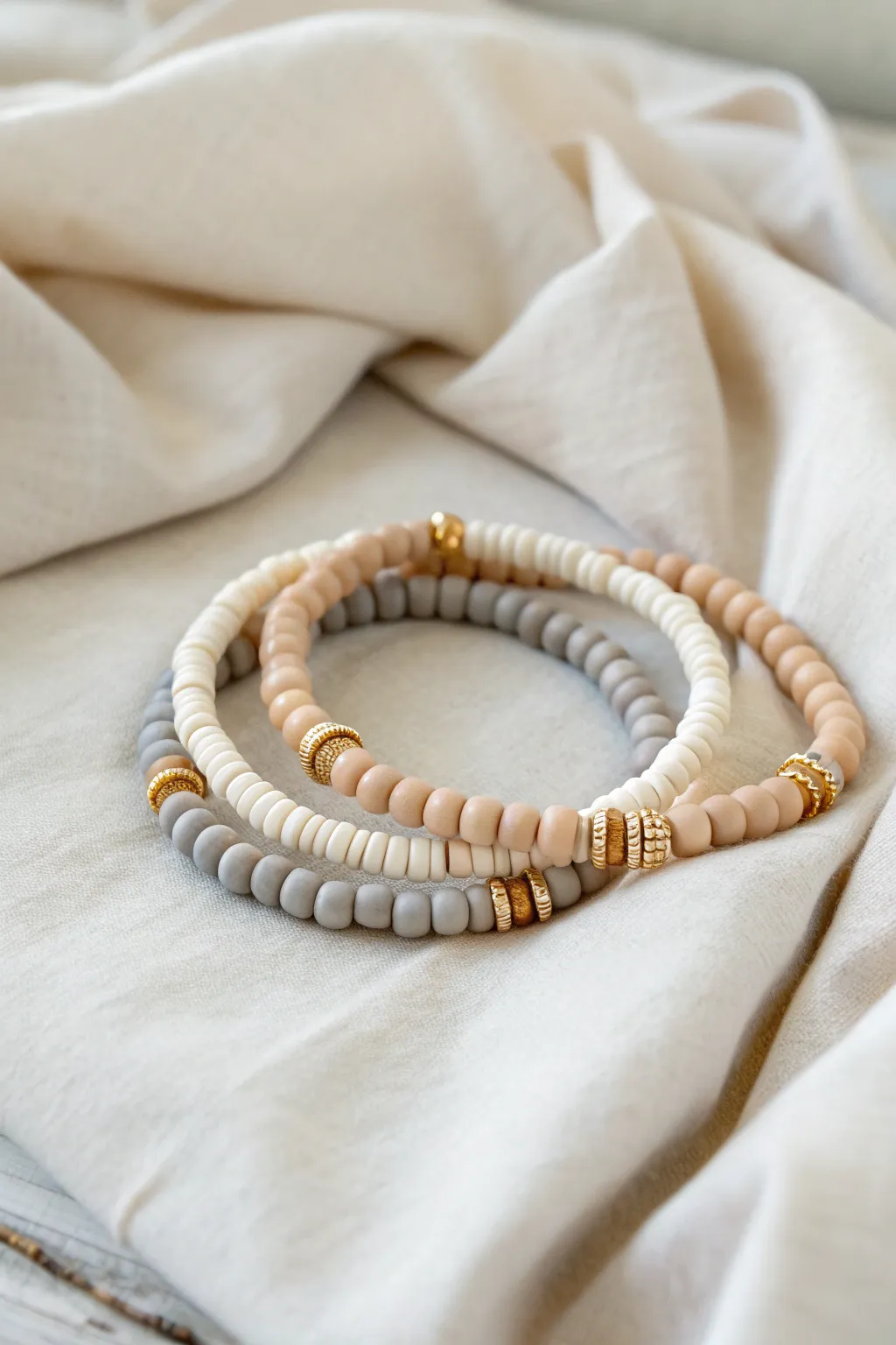 Monochrome neutral heishi bead bracelet stack with one subtle accent spacer for quiet elegance