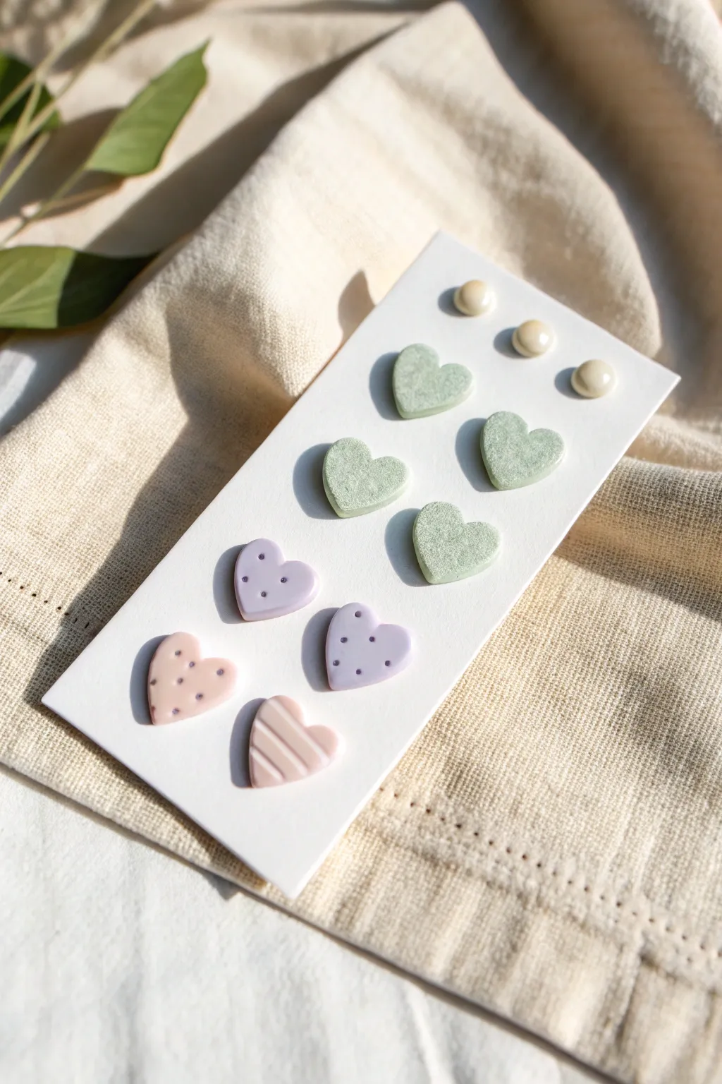 Pastel porcelain stud earrings in simple shapes, arranged neatly for a clean minimalist look.