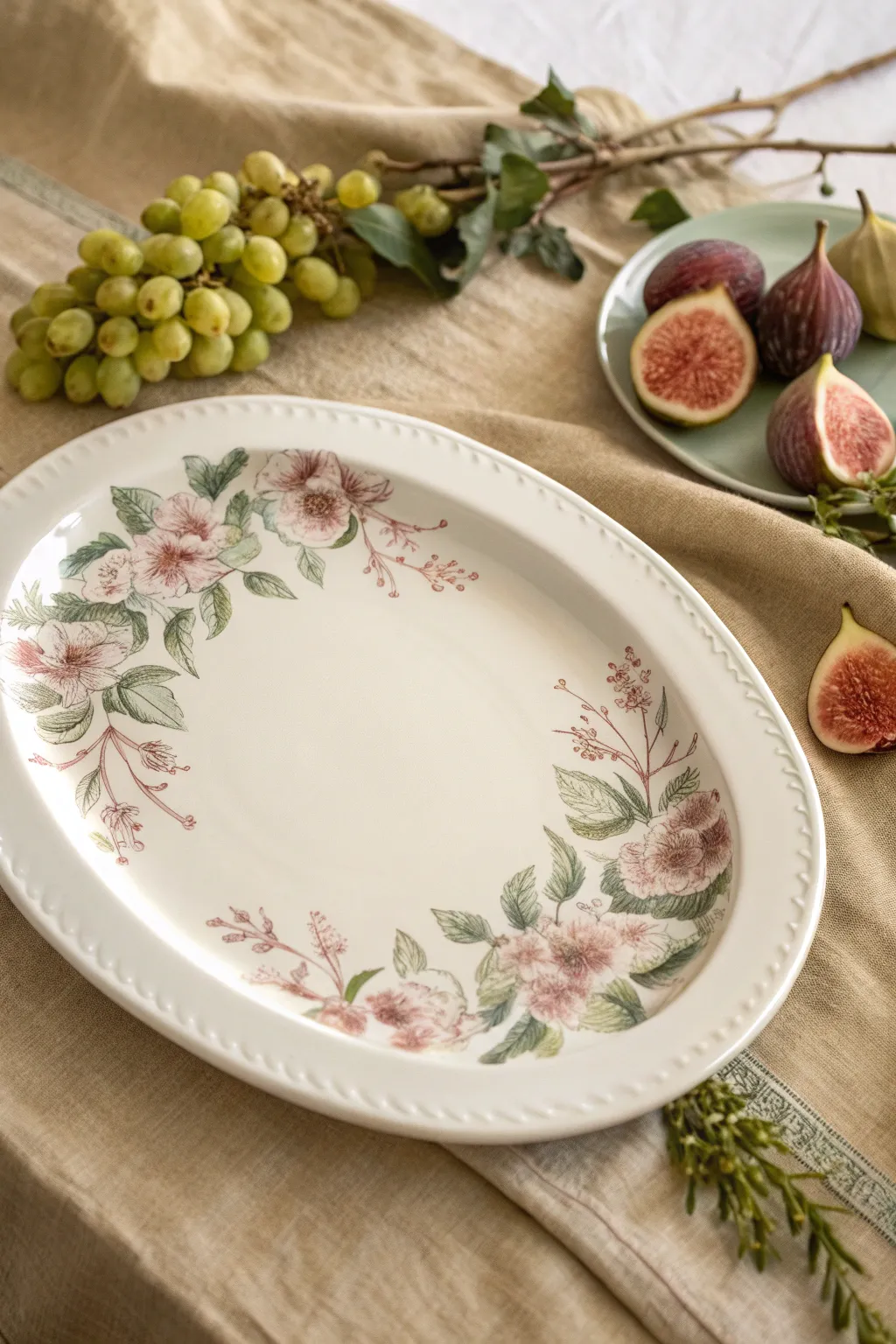 Hand-painted porcelain platter with soft botanical border, perfect as a thoughtful gift idea.
