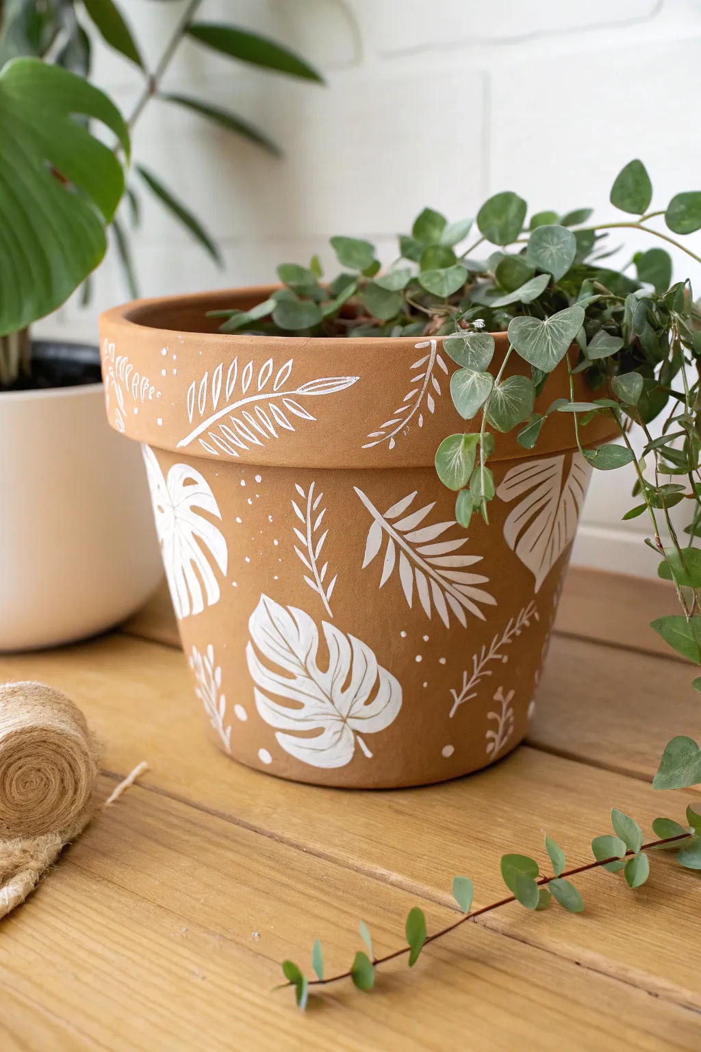 Simple leafy brushstrokes on a clay planter, styled with trailing greens for calm boho minimalism.