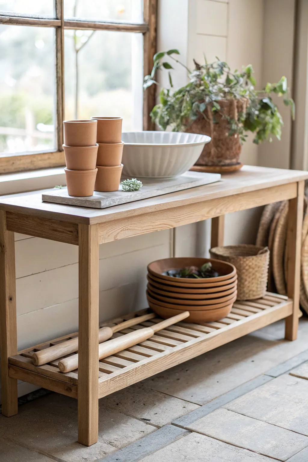 Sturdy potters bench with a hardworking lower shelf to store clay tubs and heavy boards neatly