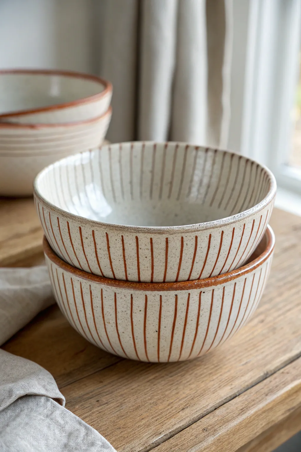 Crisp wax-resist stripes on a handmade bowl, minimalist stack in soft Scandinavian light.
