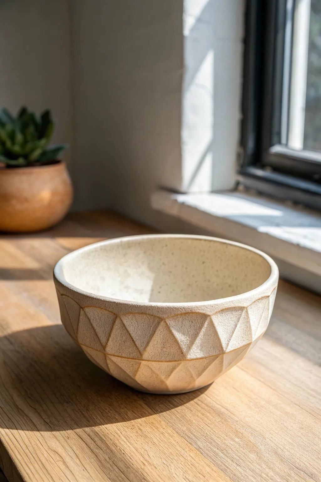Subtle faceted carving turns a simple bowl into a soft geometric, gemstone-like statement.