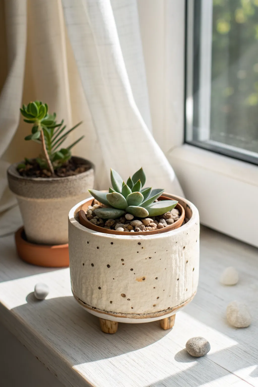 Mini speckled planter with tiny succulent feet, sunlit and simple—an easy clay idea to try.
