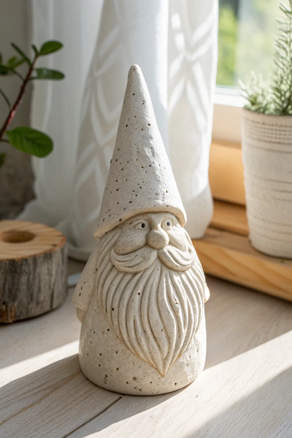Big beard texture gnome in natural clay, minimalist Scandinavian styling with soft boho warmth.
