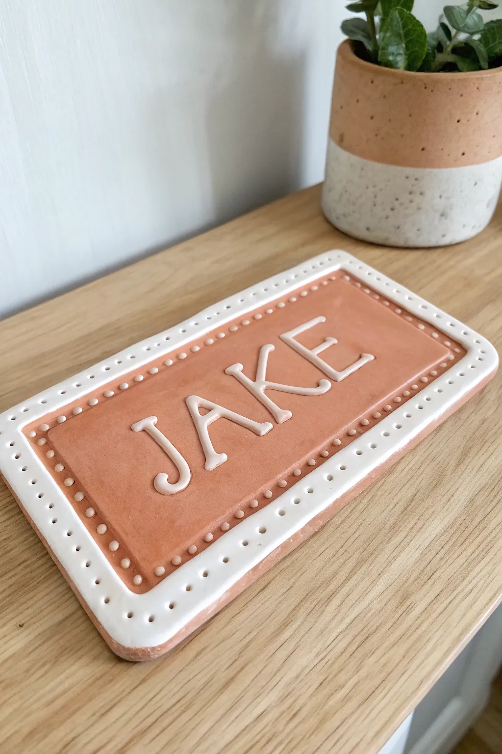 Sweet slab name plaque idea for kids, simple stamps and boho minimalist styling at home