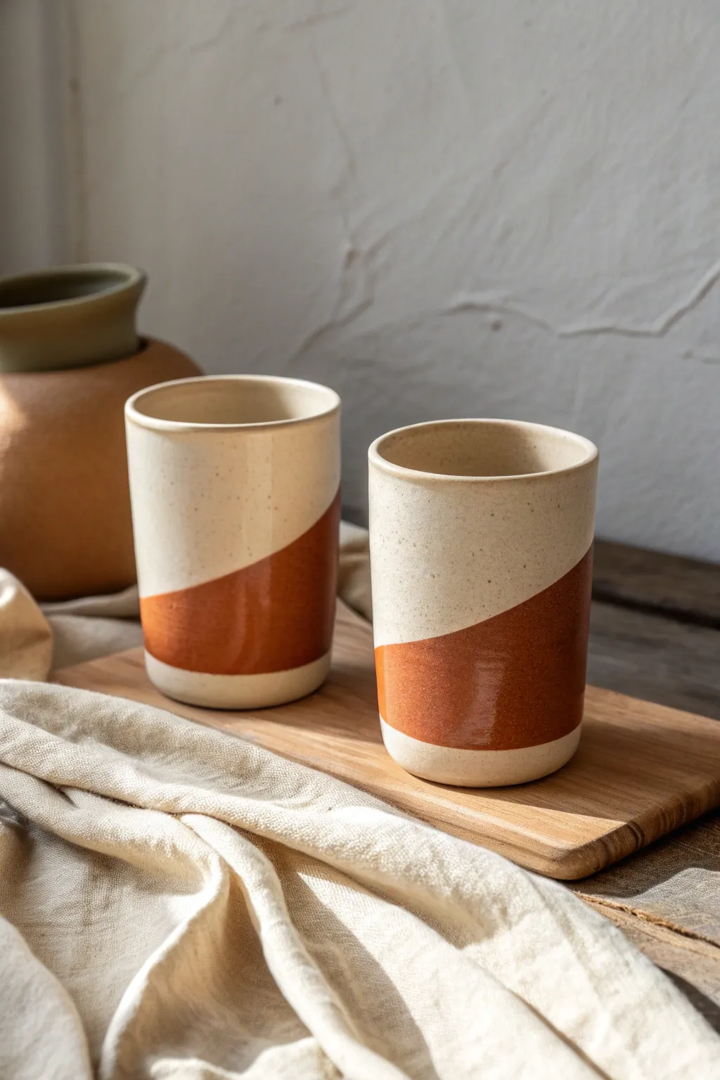 Modern color-block tumblers with crisp edges, minimalist styling, bold contrast, handmade charm.