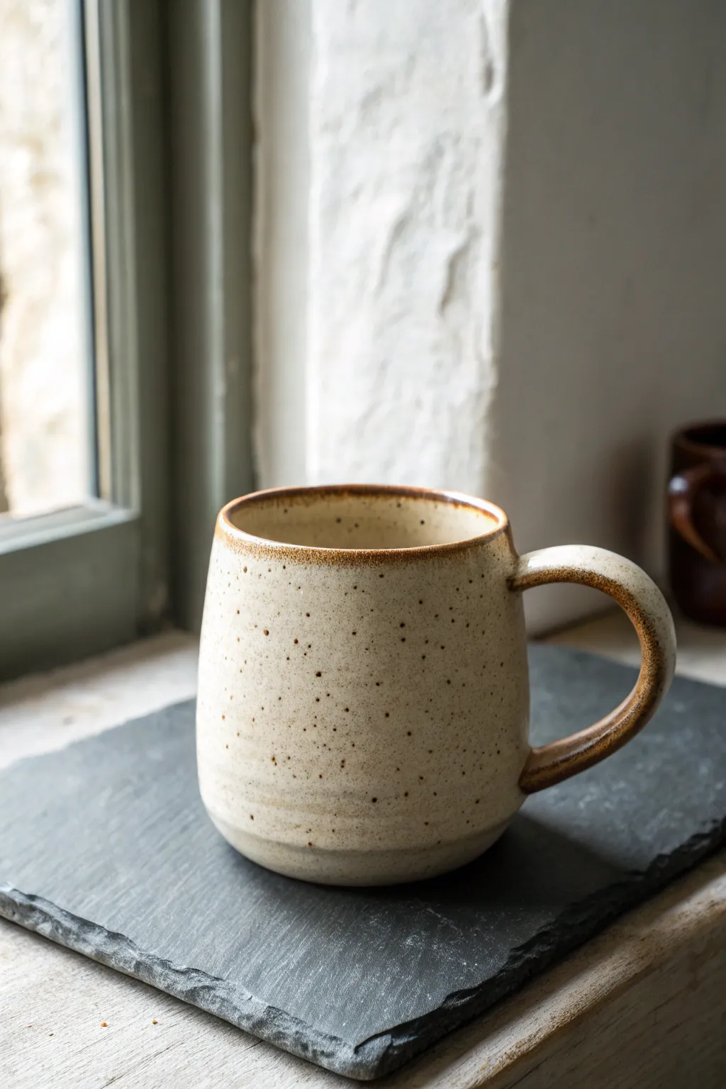 Soft D-shape handle mug with a flat outer edge and cozy curve, simple and handmade.