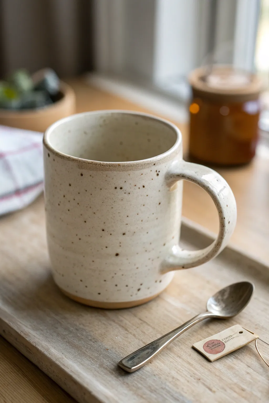Beginner-friendly slab-built mug with a simple handle, styled for an everyday tea moment