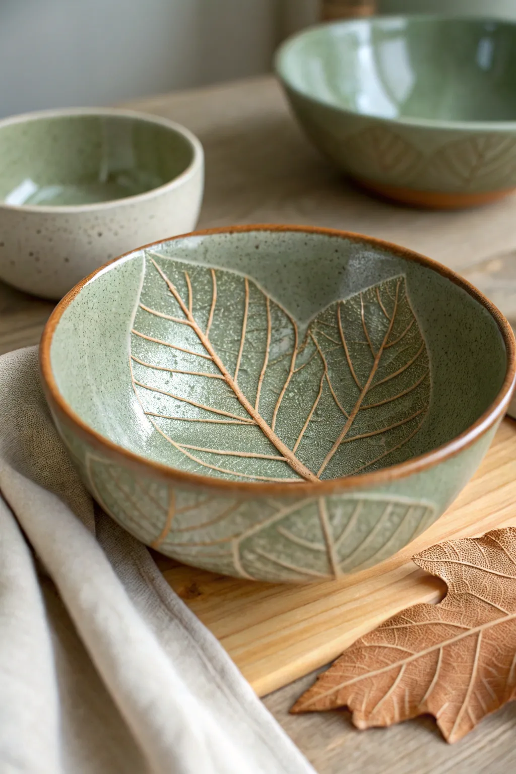 Kid-friendly leaf-imprint bowls with real texture, in cozy greens and warm autumn tones.