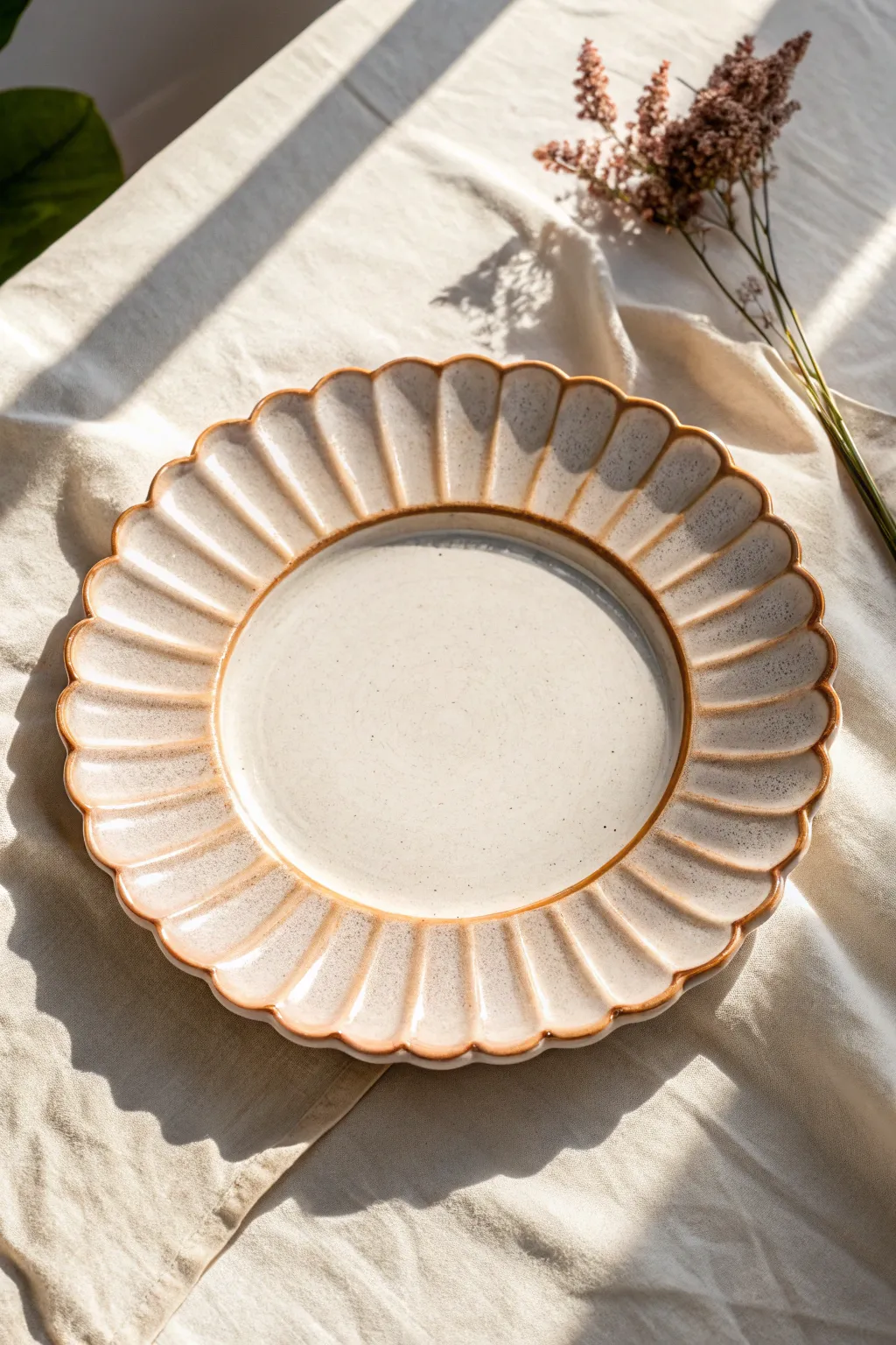Scalloped rim platter with glossy pooled glaze, a simple handmade statement for any table.