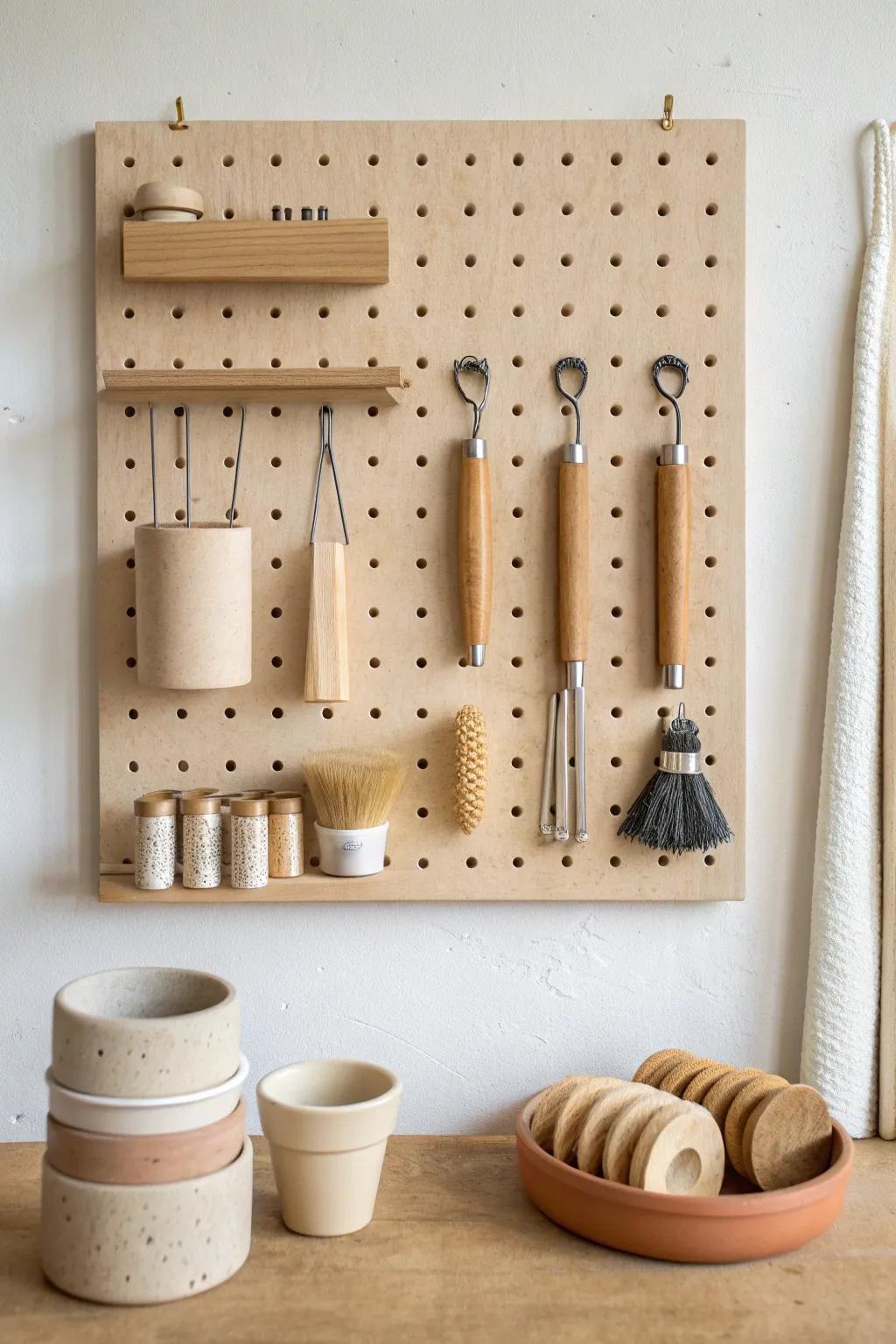 A calm, color-coordinated pottery tool wall that keeps brushes and ribs within easy reach.