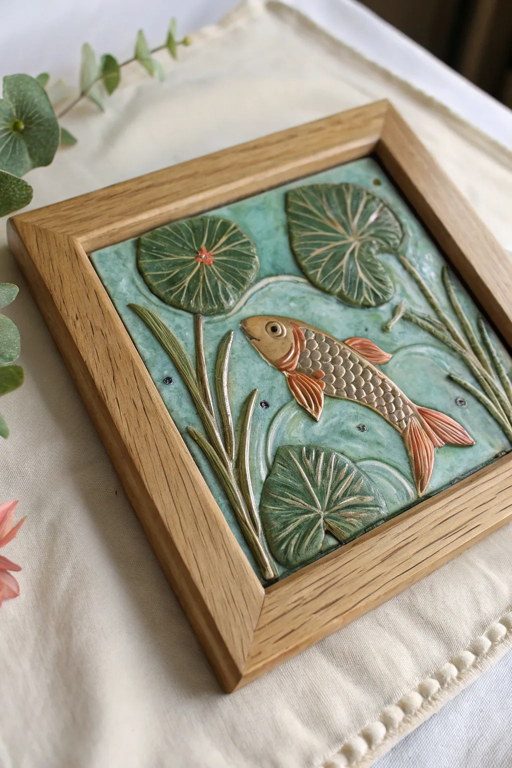 Fish and lily pad relief tile in watery greens and blues, framed and styled in calm minimal beauty