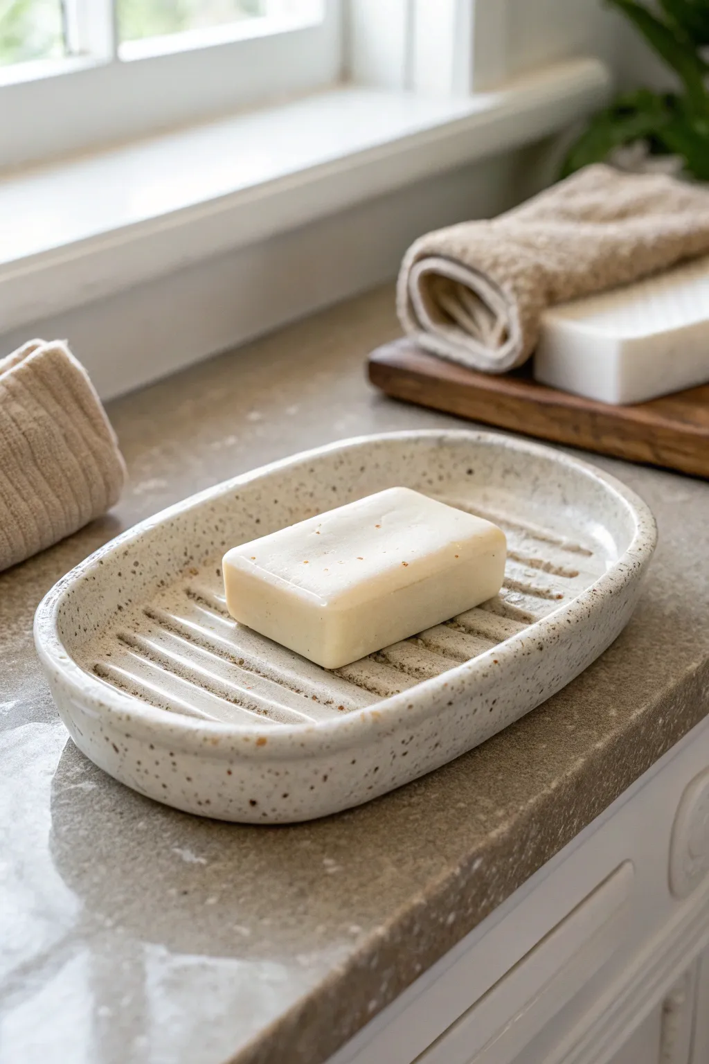 Minimal handmade soap tray with drain grooves, styled in a calm Scandinavian bathroom vignette.