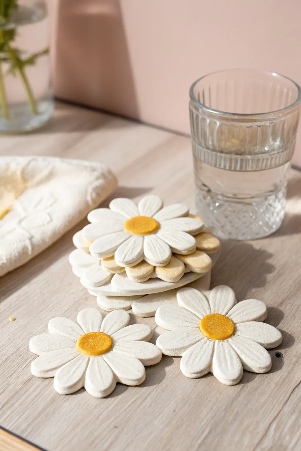 Preppy daisy air dry clay coasters stacked neatly, a bright minimalist touch for spring tables