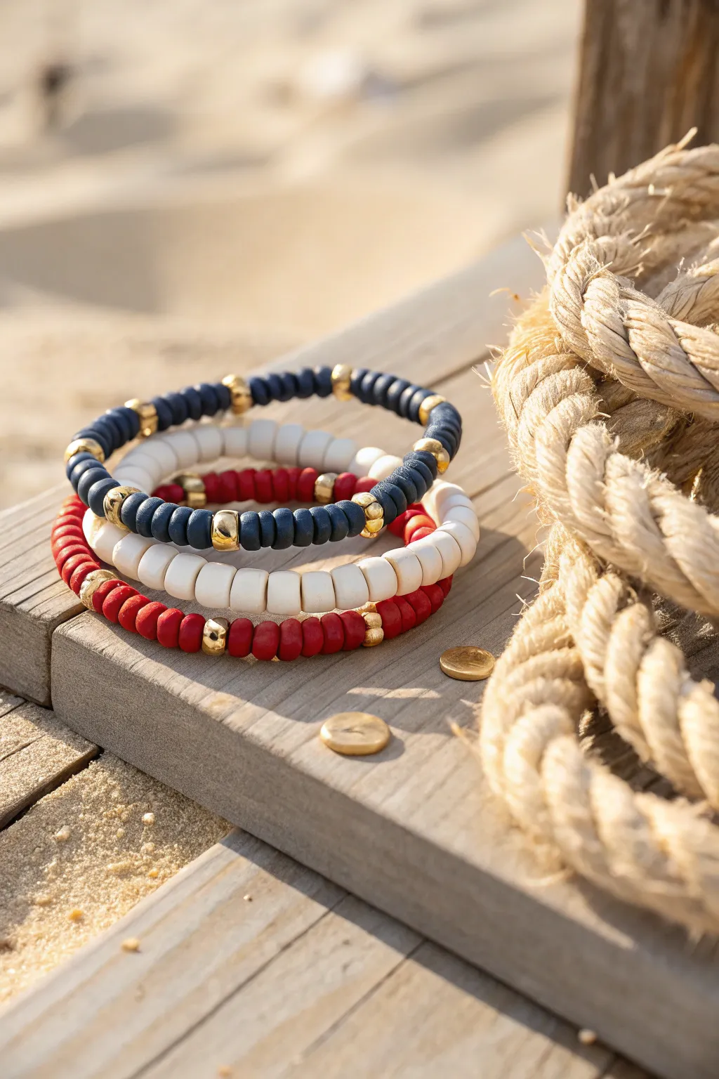 Nautical navy, red and white heishi beads with gold accents for a preppy beach vibe.