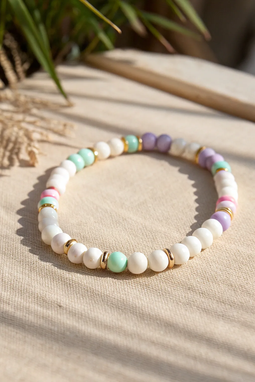 All-white clay bead bracelet with evenly spaced pastel bands for a clean preppy look