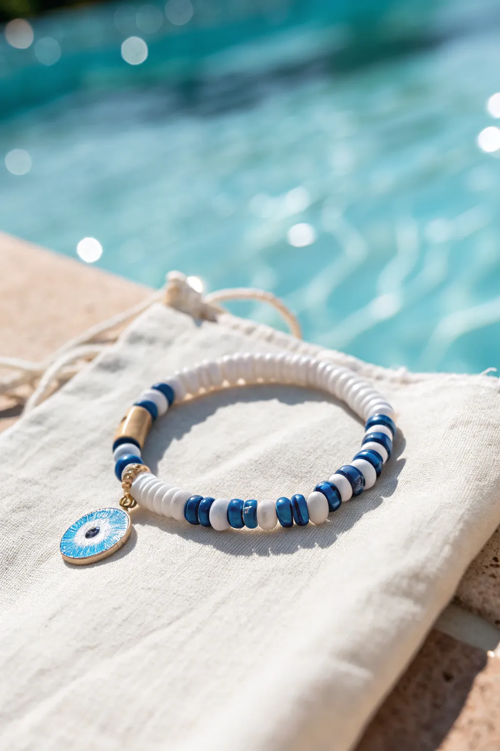 Dainty blue heishi stack with a centered evil eye bead, styled by sparkling pool water.