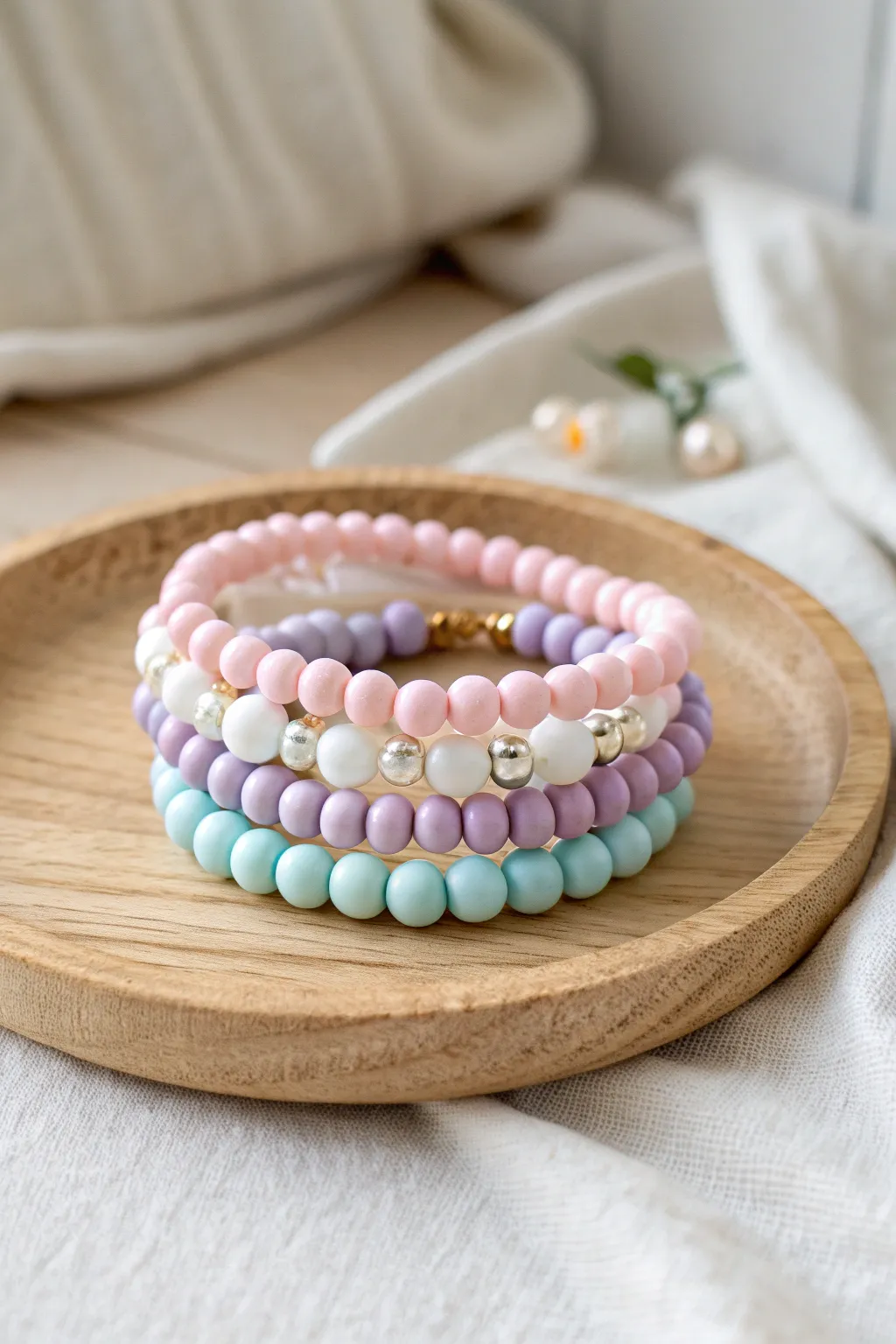 Pastel prep sorbet stack in pink, mint, lavender, and baby blue with pearly accents