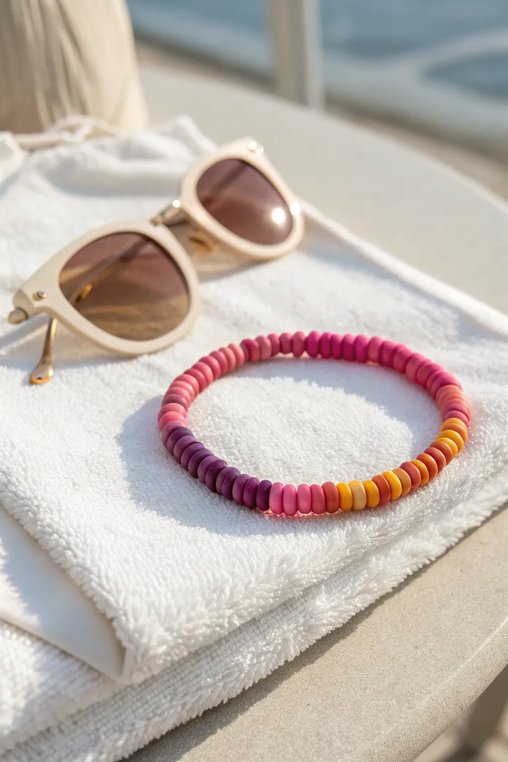 Preppy sunset ombre clay disc bracelet styled for a clean, beachy minimalist vibe