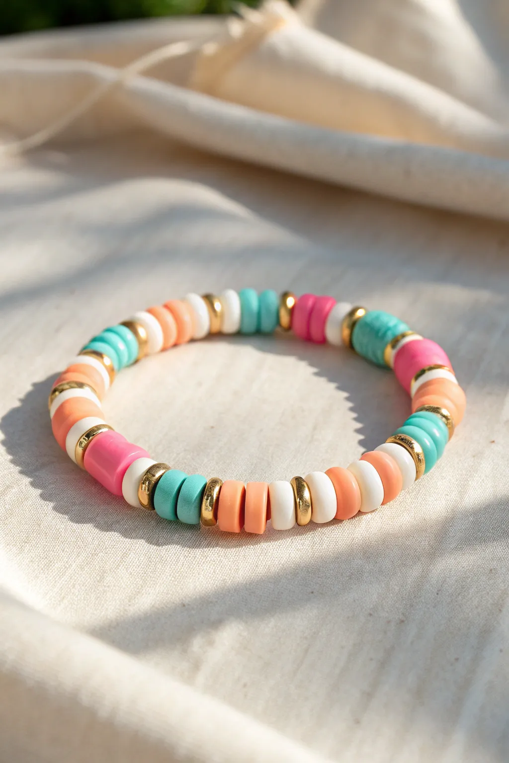 Preppy color-blocked clay bead bracelet with gold spacers for a bold, polished look