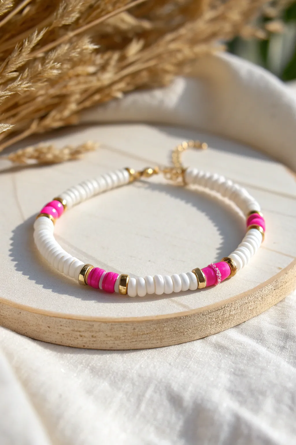 Crisp white heishi beads with a bold fuchsia pop and gold spacers for a clean preppy vibe.