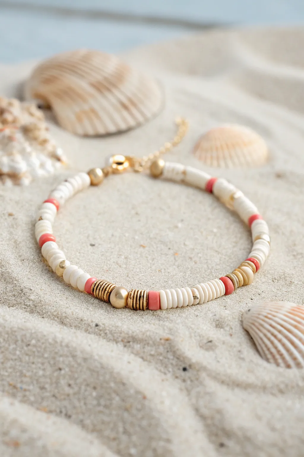 Coastal prep: sand-toned clay heishi with tiny pearls and one crisp coral pop.