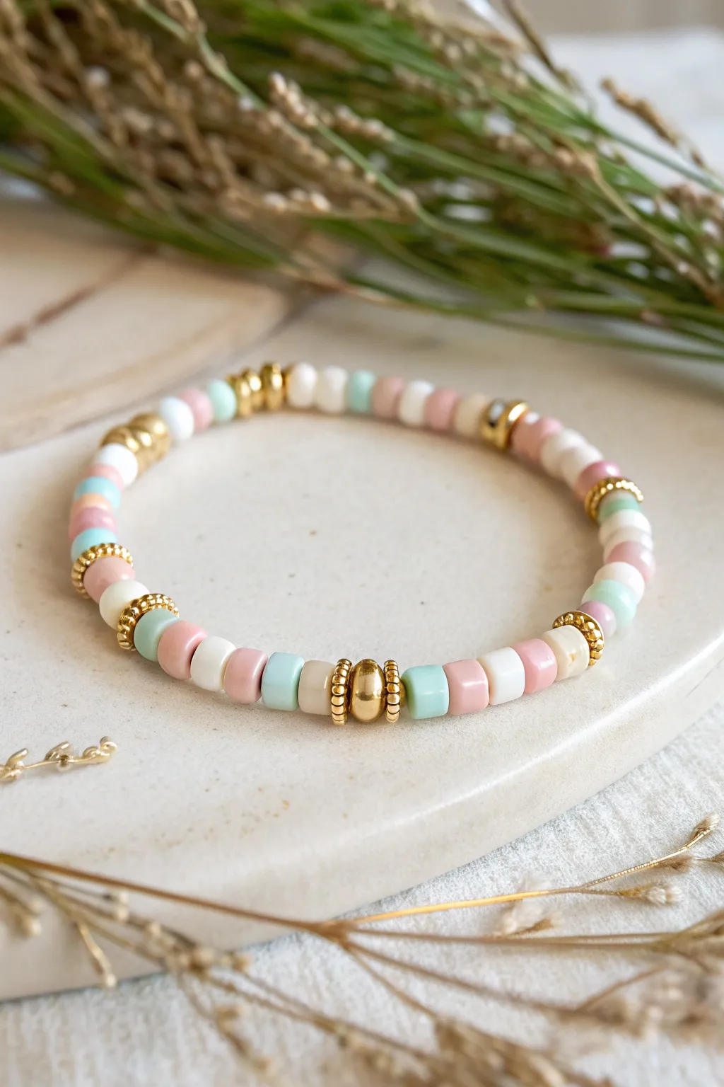 Preppy pastel clay heishi beads with tiny gold spacers for a polished, stackable bracelet look.