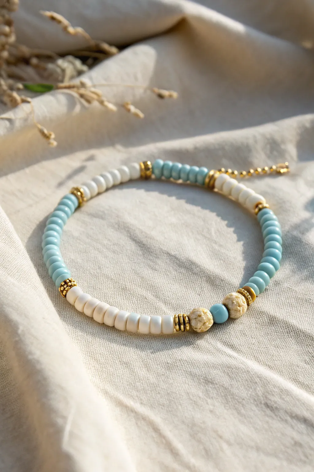 Half cream, half sky blue heishi beads with a tiny spacer cluster for a crisp modern split