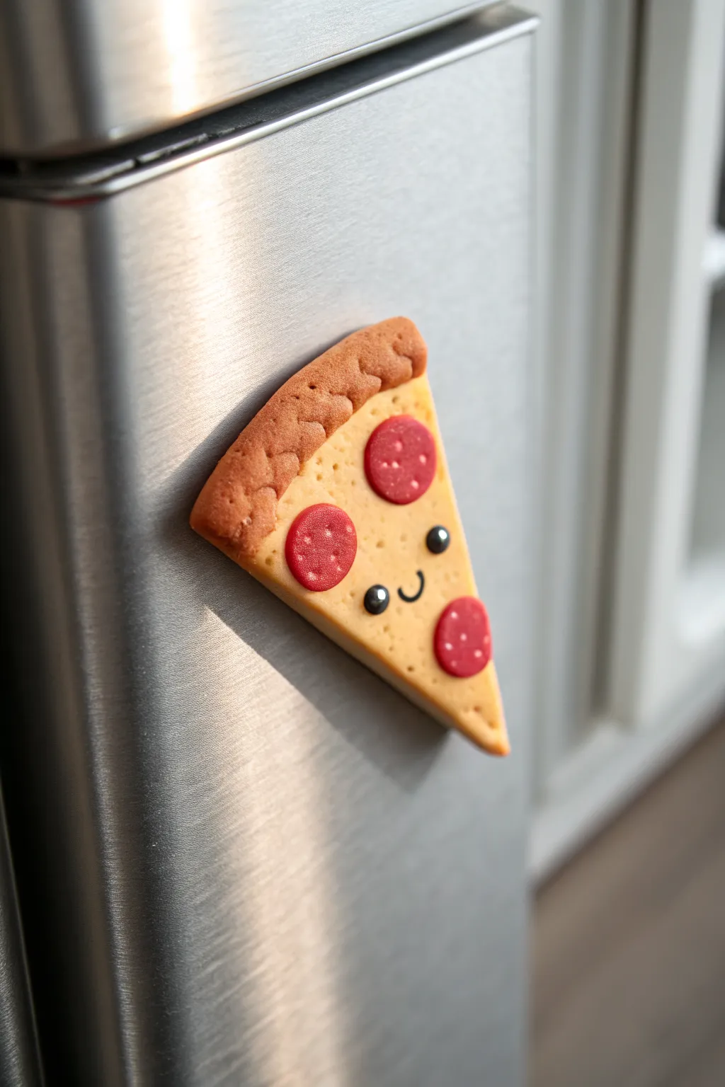 Chunky kawaii puffy clay pizza slice magnet with bubbly cheese, perfect for cute kitchens