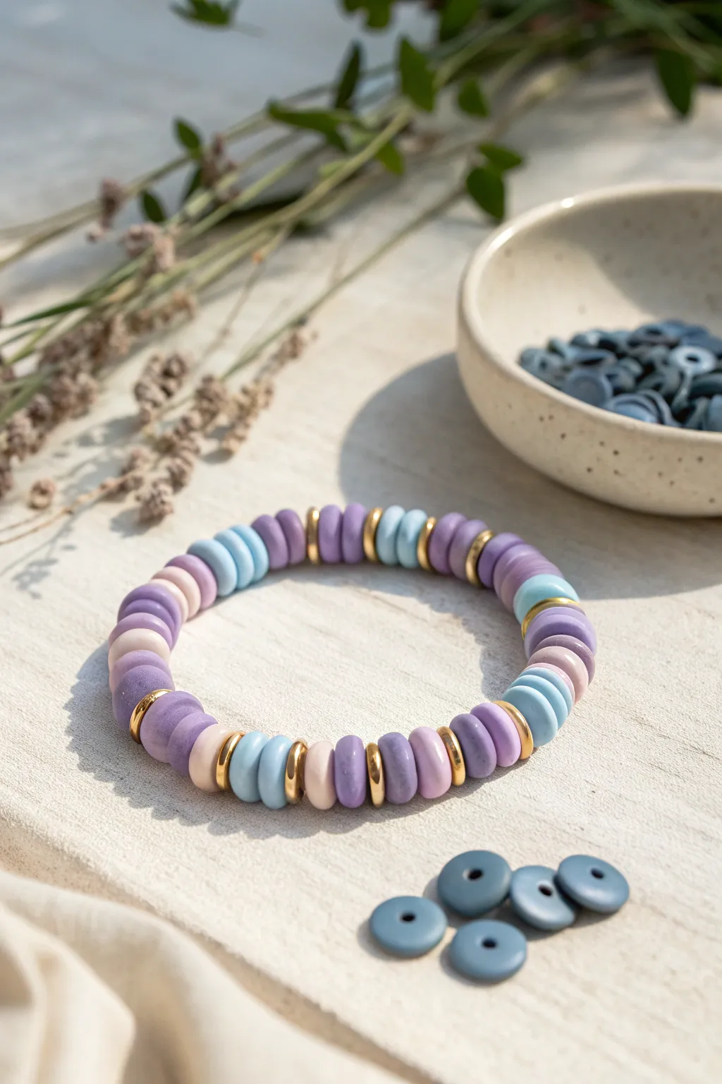 Lilac and blue clay disc bracelet with a simple bead dish, minimalist boho styling