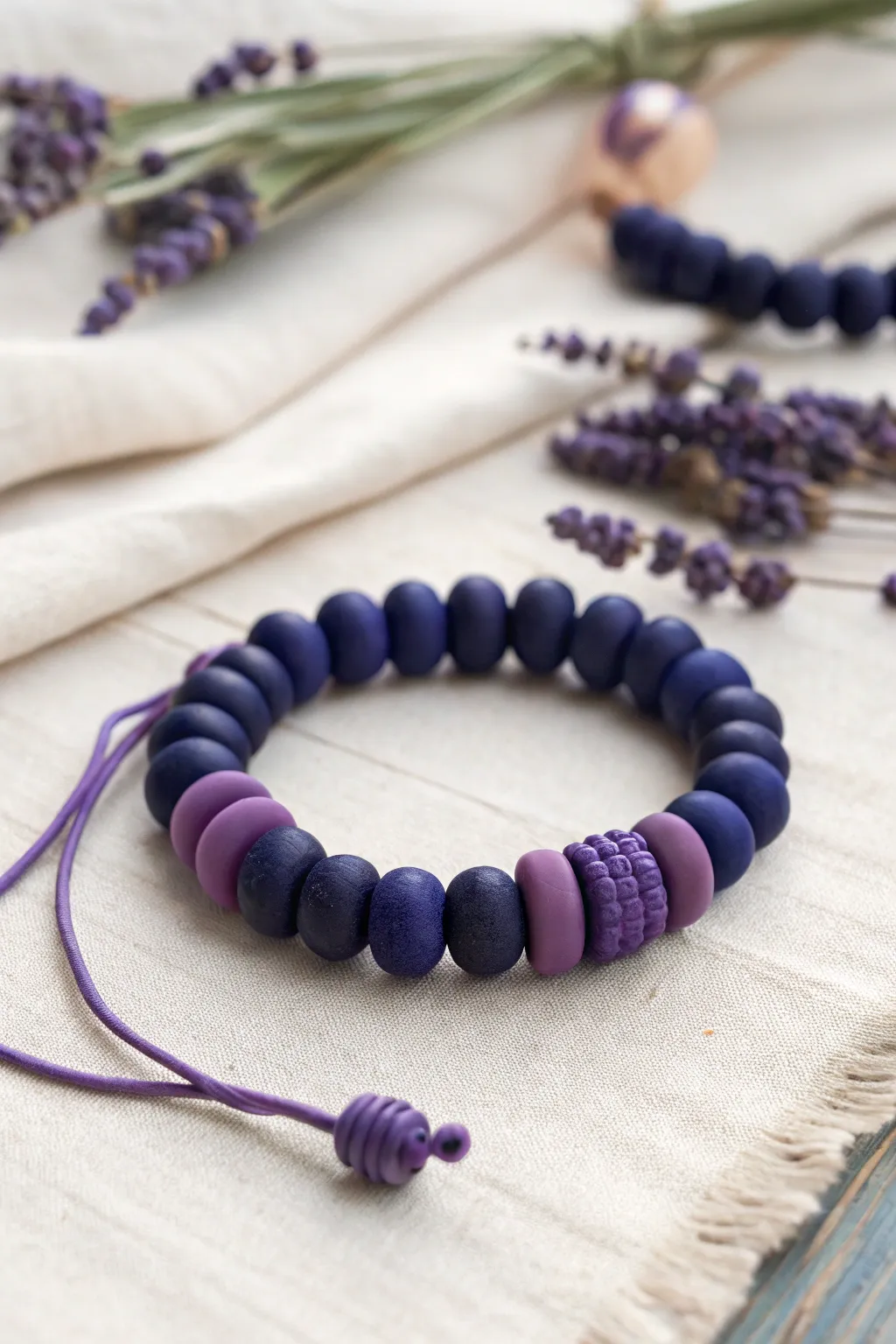 Chunky purple and navy striped clay bead bracelet, minimalist boho contrast perfect for stacking.