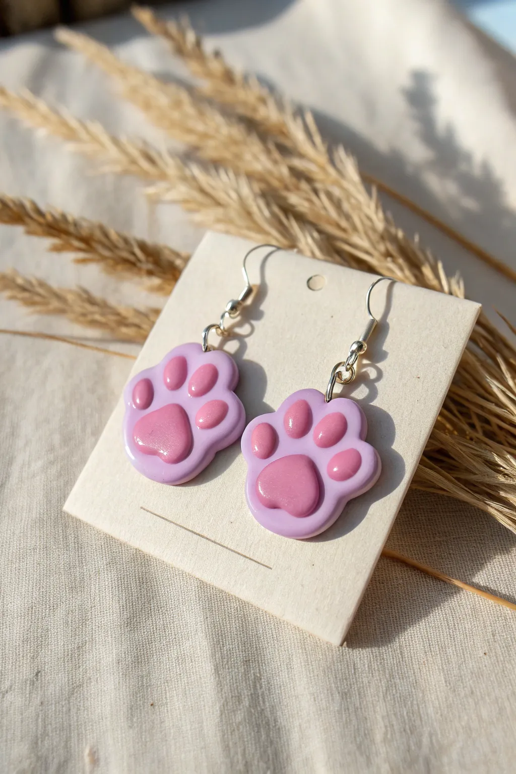 Glossy purple cat paw earrings with pink toe beans, minimal styling for sweet clay inspo