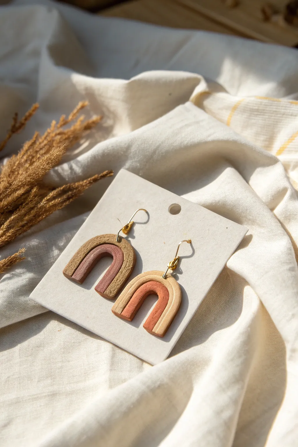 Minimal arch air-dry clay earrings in soft neutrals, styled simply for an effortless boho look