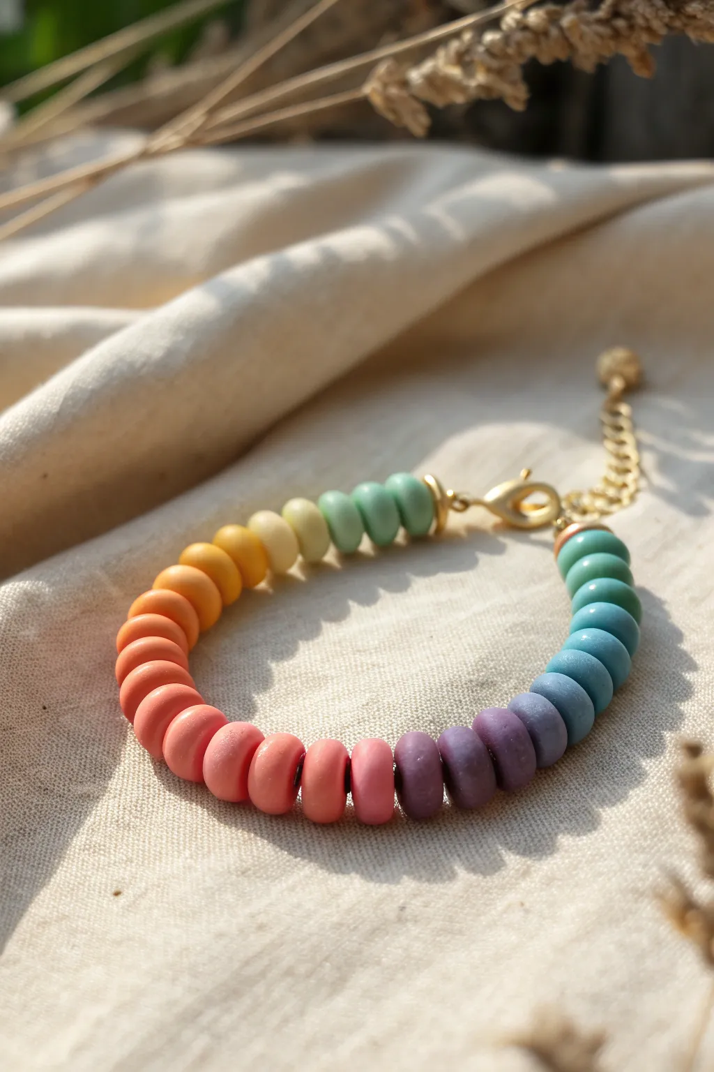 Rainbow ombre clay bead bracelet in a soft fade, styled simply on beige linen