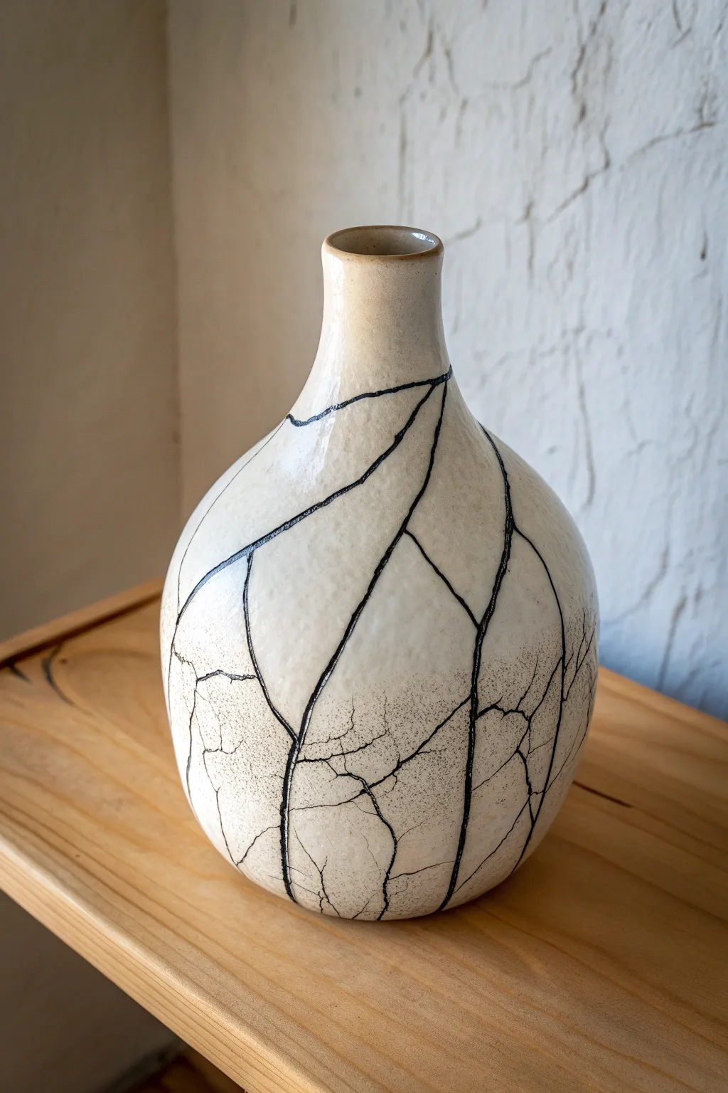 Naked raku vase with peel-off slip webbing and bold smoke veining on pale wood