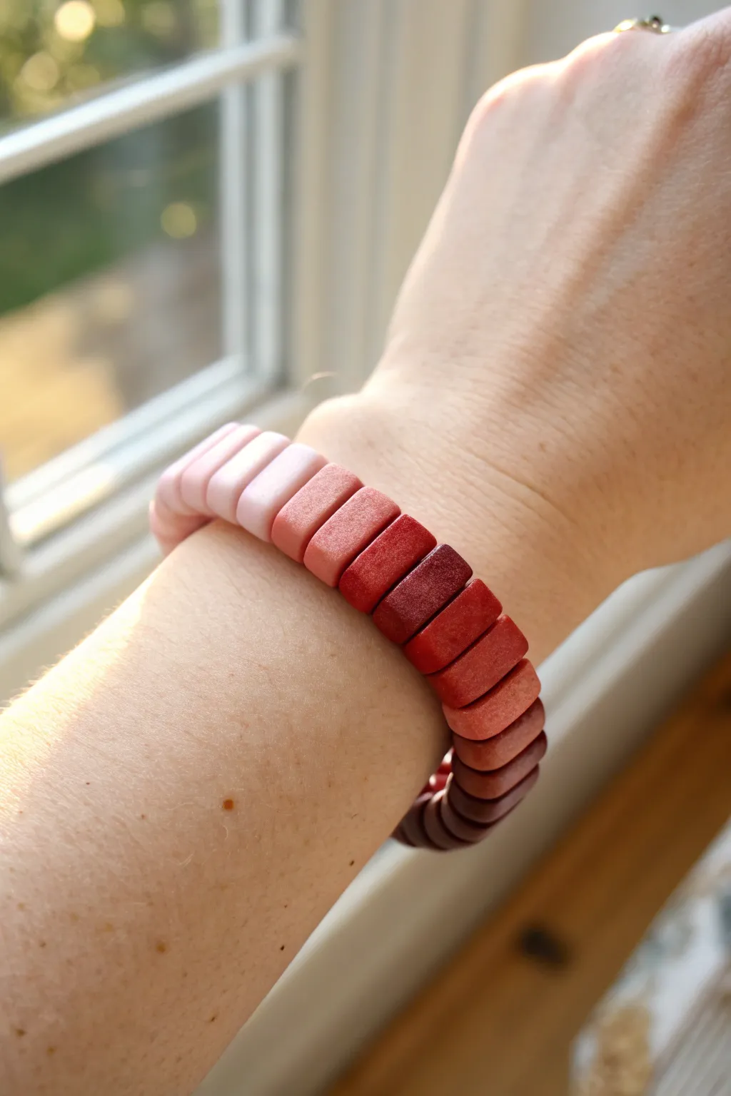 Red ombre clay bracelet with a smooth fade from deep terracotta to blush, simple and chic.