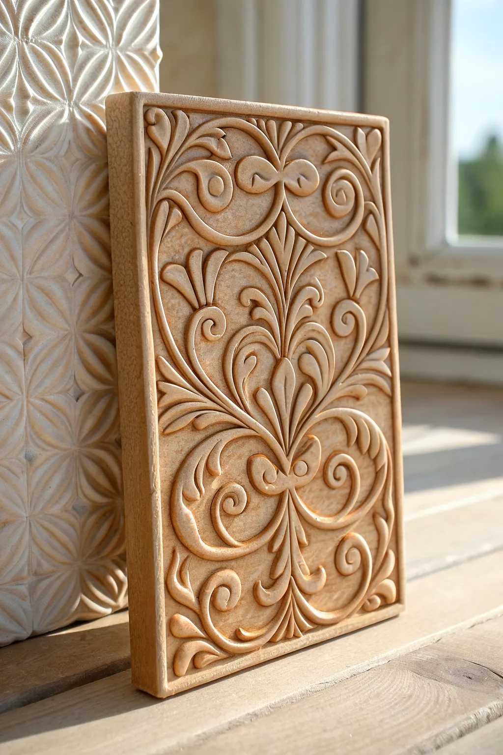 Arabesque relief tile with warm glaze pooling, clean curves, and softly sculpted rosettes.