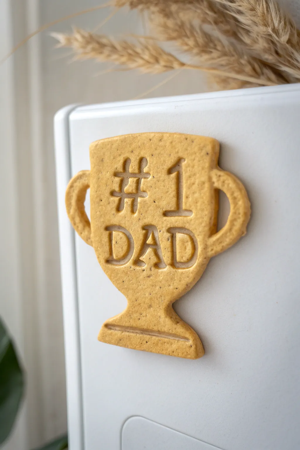 Simple salt dough #1 Dad trophy magnet in gold, a minimalist Father’s Day keepsake for the fridge.