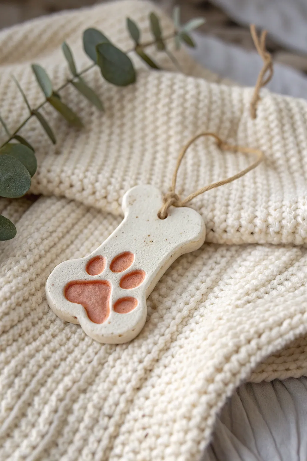 Minimal paw print salt dough ornament styled on cozy knit with greenery for pet lovers