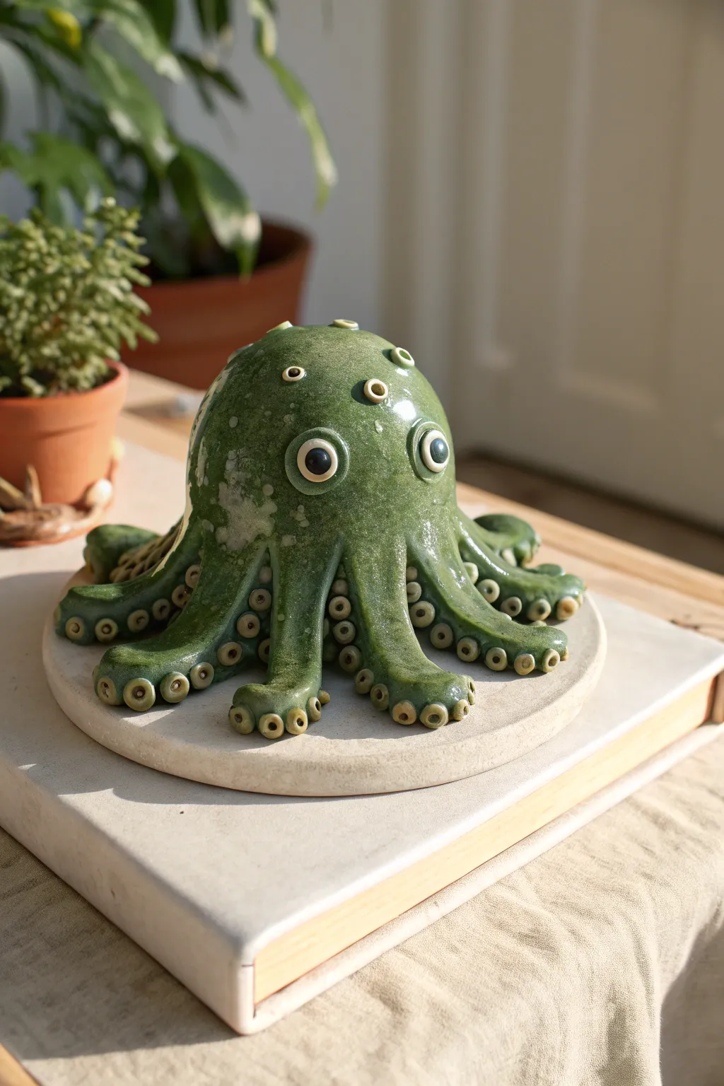 Moody moss-green slime blob with chunky tentacles and tiny eyes, simple clay monster with high contrast