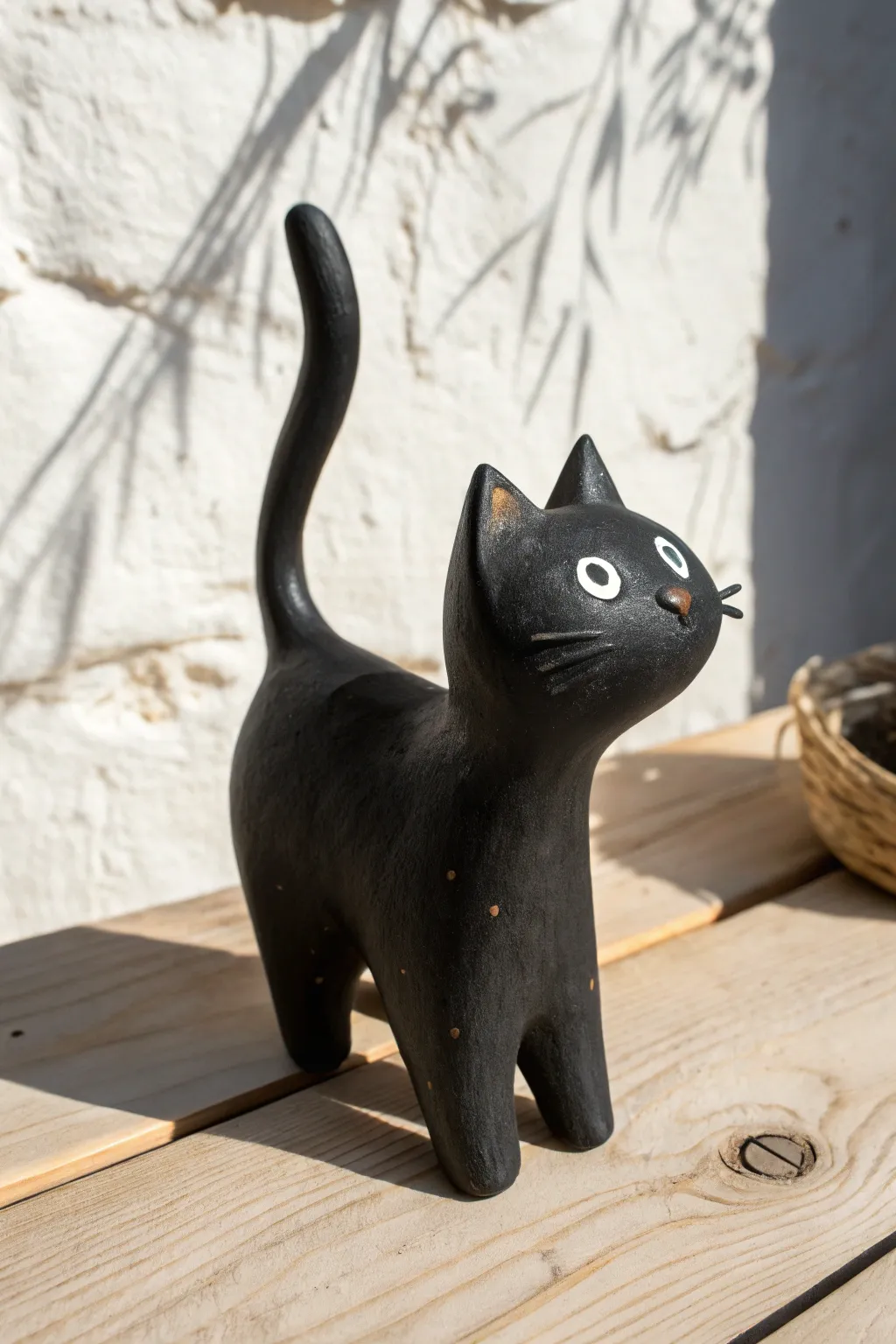 Chunky witchy black clay cat with arched back and glossy eyes for a simple, spooky handmade vibe.
