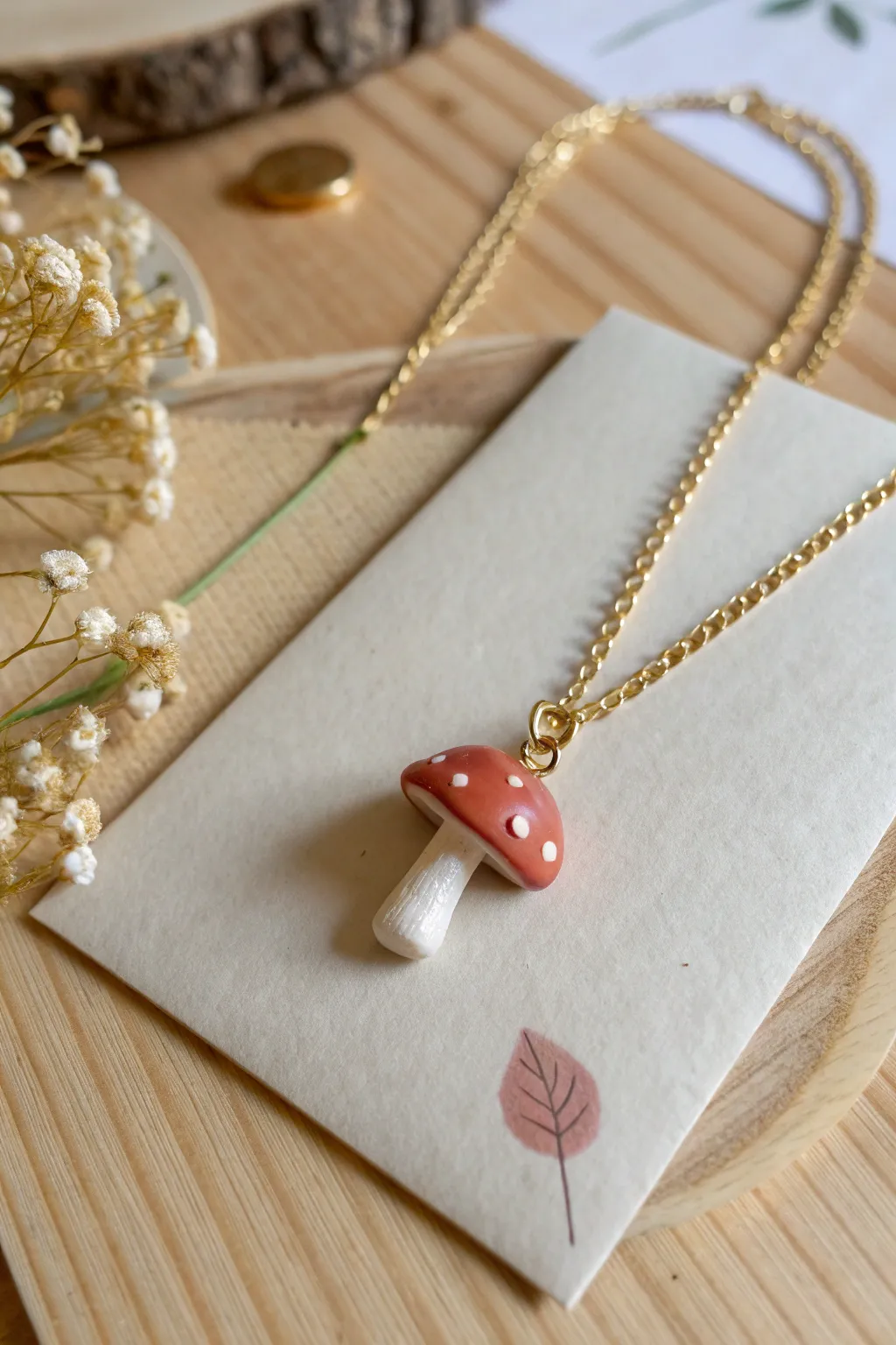 Mini mushroom pendant necklace in soft neutral tones, simple handmade charm with Scandinavian calm.